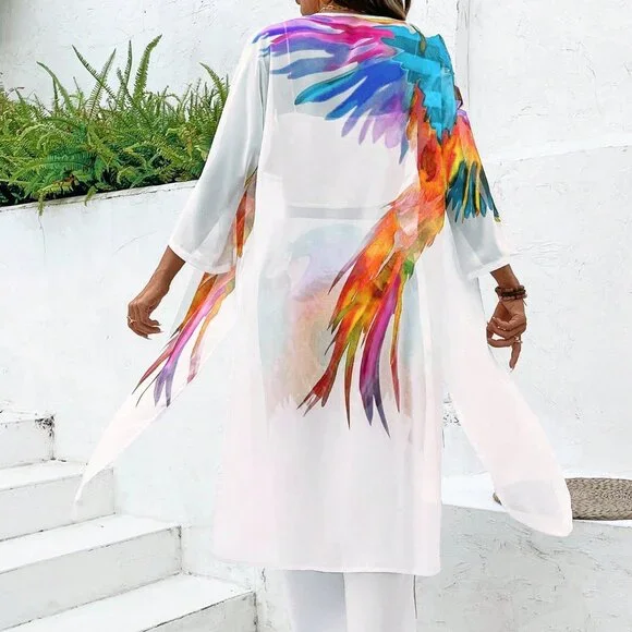 Yellow Casual Women's Tropical Floral 3/4 Sleeve Cardigan & Pants Set - Picture 2 of 6